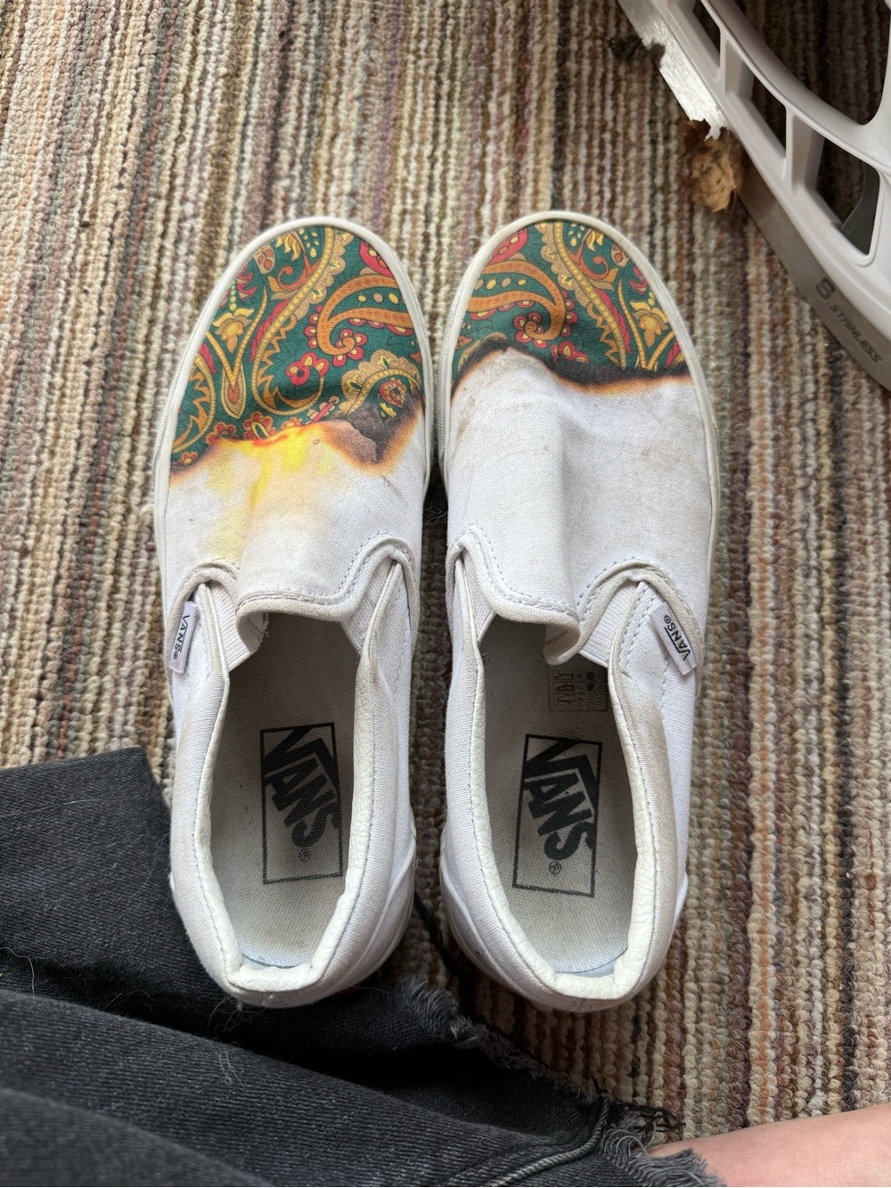 Vans Slip-On Sneakers in White with Green and Gold Paisley